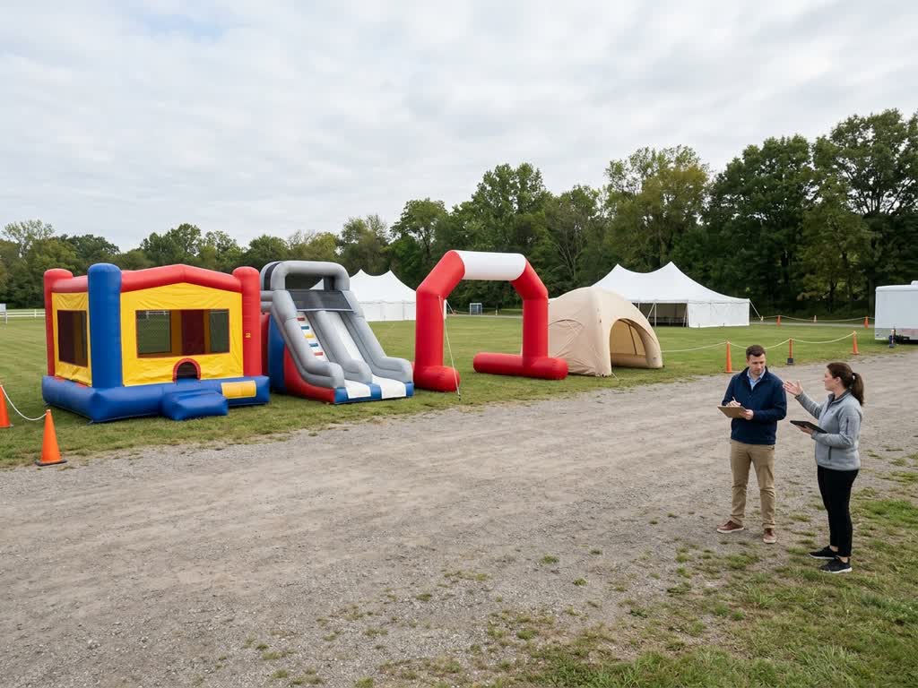 Arco inflable publicitario guiando asistentes en evento al aire libre con branding visible